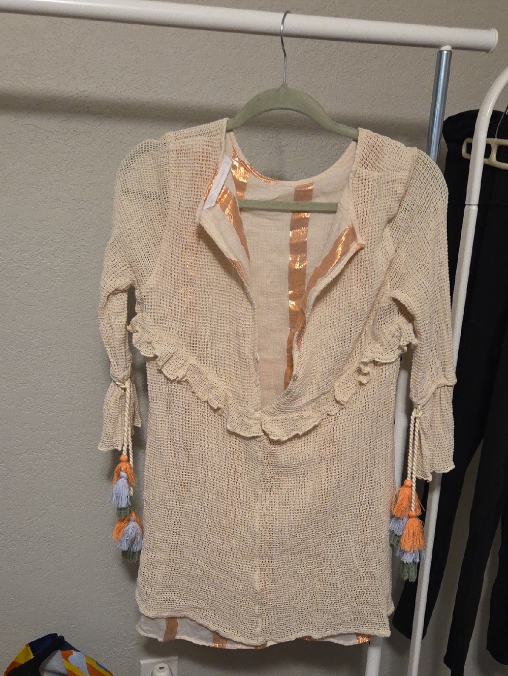 Zara Cream Crochet Swim Coverup with Orange and Lavender Tassels